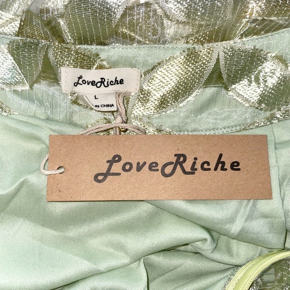 New LoveRiche Embroidered Sheer Overlay Full Mini Skirt Metallic Lime Size Large - Picture 10 of 12